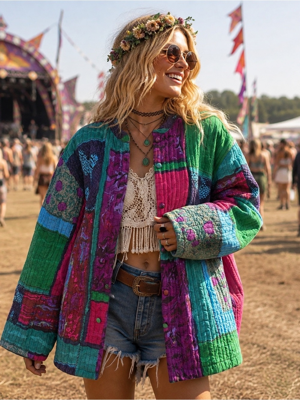 Boho Hippie Quilted Patchwork Women’s Jacket Coat L XL Multicolor Festival